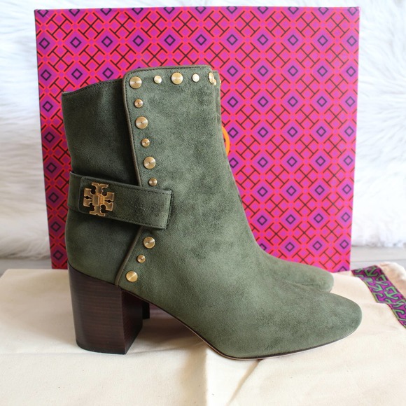 Tory Burch Kira Olive Green Suede Gold Stud Logo Ankle Bootie - Picture 3 of 17